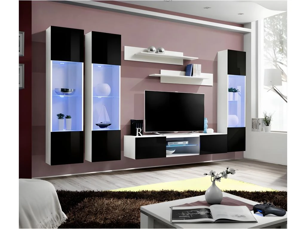 Ensemble Meuble TV FLY P3 Avec LED. Coloris Blanc Et Noir. Meubles Suspendus Design Pour Votre Salon. 3 Ensemble Meuble TV FLY P3 Avec LED. Coloris Blanc Et Noir. Meubles Suspendus Design Pour Votre Salon.