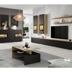 Ensemble Meubles De Salon Collection RAMOS. Coloris Chêne Et Noir Super Mat. LED Intégrées. -Pas Cher Mobiliora Magasin meuble tv 8924231