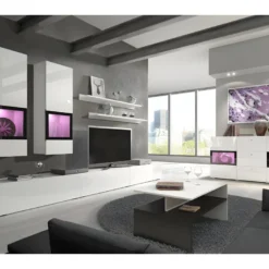 Ensemble De 7 Meubles De Salon Collection RAMOS. Couleur Blanc Brillant.