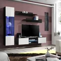 Ensemble Meuble TV FLY R3 Avec LED. Coloris Noir Et Blanc. Meuble Suspendu Design Pour Votre Salon.