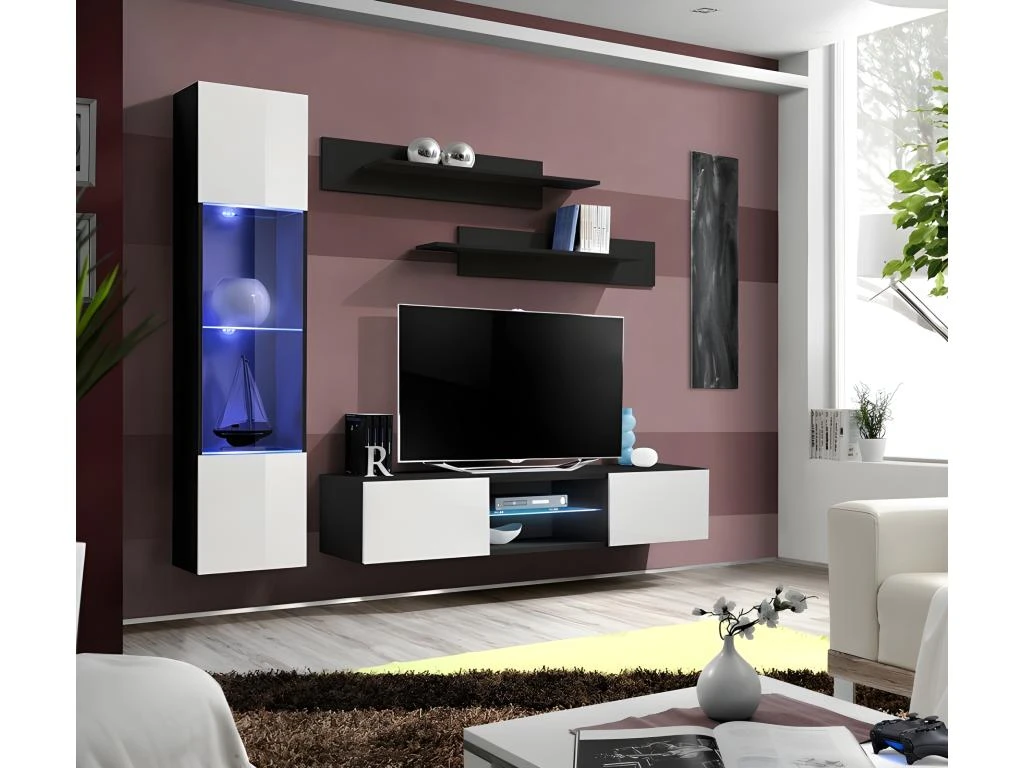 Ensemble Meuble TV FLY R3 Avec LED. Coloris Noir Et Blanc. Meuble Suspendu Design Pour Votre Salon. 3 Ensemble Meuble TV FLY R3 Avec LED. Coloris Noir Et Blanc. Meuble Suspendu Design Pour Votre Salon.