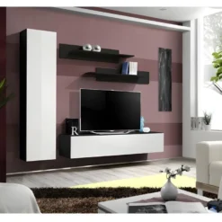 Meuble TV FLY G1 Design, Coloris Noir Et Blanc Brillant. Meuble Suspendu Moderne Et Tendance Pour Votre Salon.