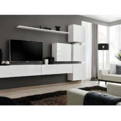 Ensemble Meuble Salon Mural SWITCH IX Design, Coloris Blanc Brillant.