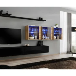 Ensemble Meuble Salon Mural SWITCH XVII Design, Coloris Noir Brillant Et Chêne Wotan.