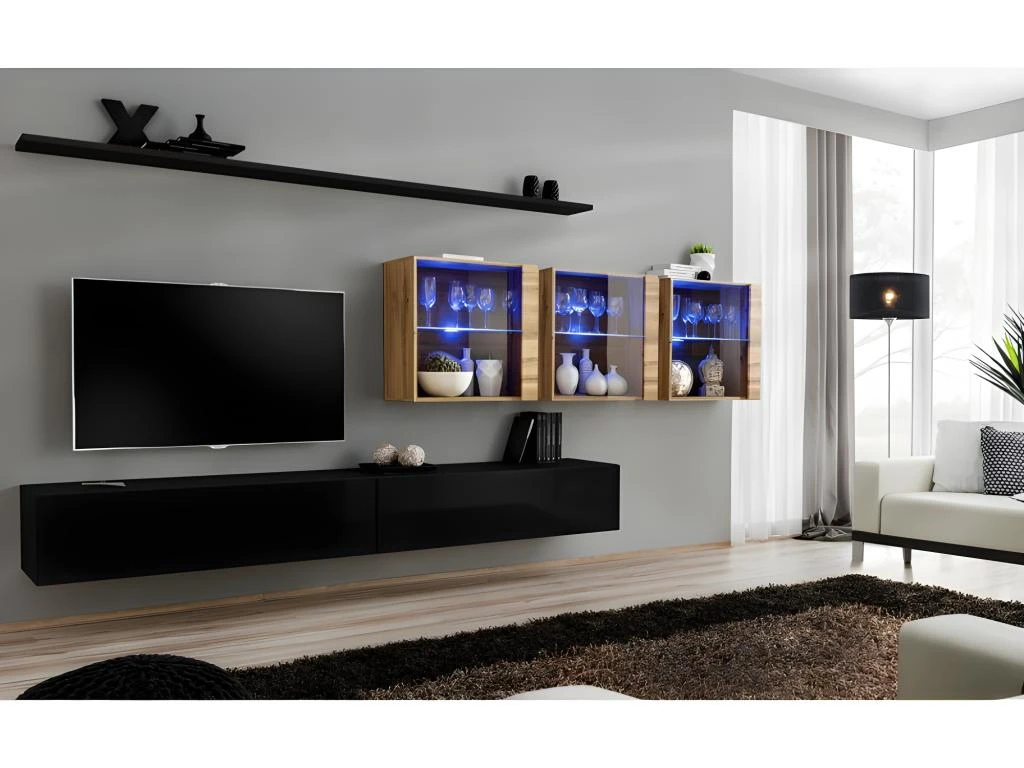 Ensemble Meuble Salon Mural SWITCH XVII Design, Coloris Noir Brillant Et Chêne Wotan. 3 Ensemble Meuble Salon Mural SWITCH XVII Design, Coloris Noir Brillant Et Chêne Wotan.