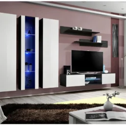 Ensemble Meuble TV FLY P4 Avec LED. Coloris Noir Et Blanc. Meubles Suspendus Design Pour Votre Salon.