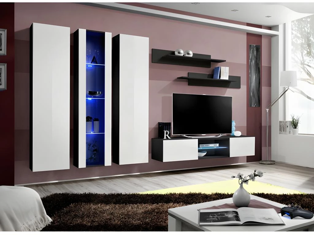 Ensemble Meuble TV FLY P4 Avec LED. Coloris Noir Et Blanc. Meubles Suspendus Design Pour Votre Salon. 3 Ensemble Meuble TV FLY P4 Avec LED. Coloris Noir Et Blanc. Meubles Suspendus Design Pour Votre Salon.