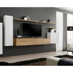 Ensemble De Meubles De Salon Collection SWITCH I Design, Coloris Blanc Brillant Et Chêne Wotan.