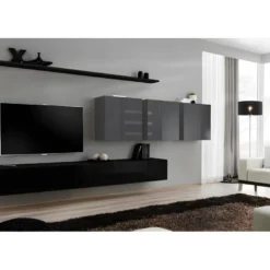 Ensemble Meuble Salon SWITCH VII Design, Coloris Noir Et Gris Brillant.