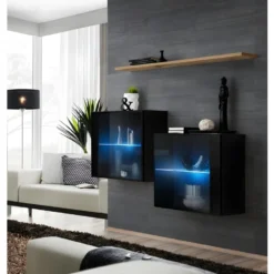 Ensemble Meubles De Salon SWITCH SBIII, Coloris Noir Brillant Et Porte Vitrée Avec Système LED Intégré, étagère Chêne Wotan.
