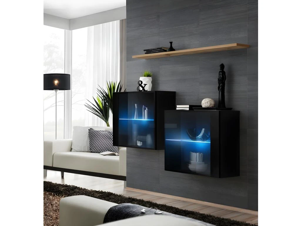 Ensemble Meubles De Salon SWITCH SBIII, Coloris Noir Brillant Et Porte Vitrée Avec Système LED Intégré, étagère Chêne Wotan. 3 Ensemble Meubles De Salon SWITCH SBIII, Coloris Noir Brillant Et Porte Vitrée Avec Système LED Intégré, étagère Chêne Wotan.