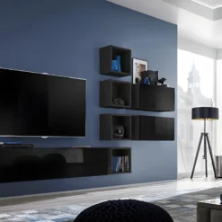 Ensemble Meuble TV Mural CUBE 7 Design Coloris Noir Et Noir Brillant. Meuble De Salon Suspendu