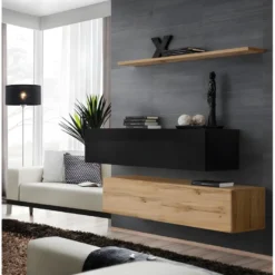 Ensemble Meubles De Salon SWITCH SBII Design, Coloris Chêne Wotan Et Noir Brillant.