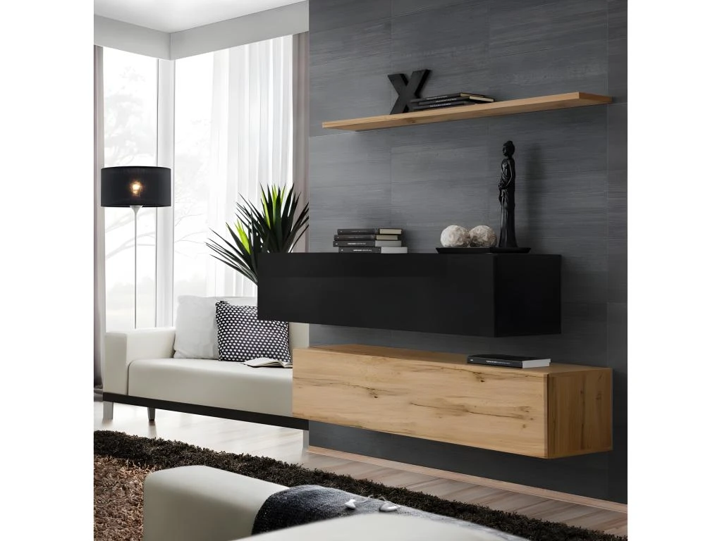 Ensemble Meubles De Salon SWITCH SBII Design, Coloris Chêne Wotan Et Noir Brillant. 3 Ensemble Meubles De Salon SWITCH SBII Design, Coloris Chêne Wotan Et Noir Brillant.