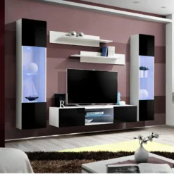 Ensemble Meuble TV FLY O3 Avec LED. Coloris Blanc Et Noir. Meuble Suspendu Design Pour Votre Salon.