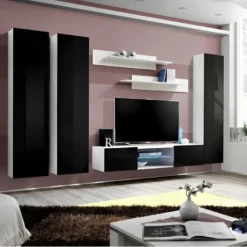 Ensemble Meuble TV FLY P1 Avec LED. Coloris Blanc Et Noir. Meubles Suspendus Design Pour Votre Salon.