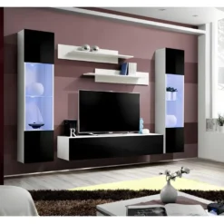 Meuble TV FLY A3 Design, Coloris Blanc Et Noir Brillant + LED. Meuble Suspendu Moderne Et Tendance Pour Votre Salon.