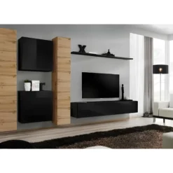 Ensemble Meuble Salon Mural SWITCH VI Design, Coloris Noir Brillant Et Chêne Wotan.