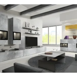 Ensemble De 7 Meubles De Salon Collection RAMOS. Couleur Gris Effet Béton Et Noir.