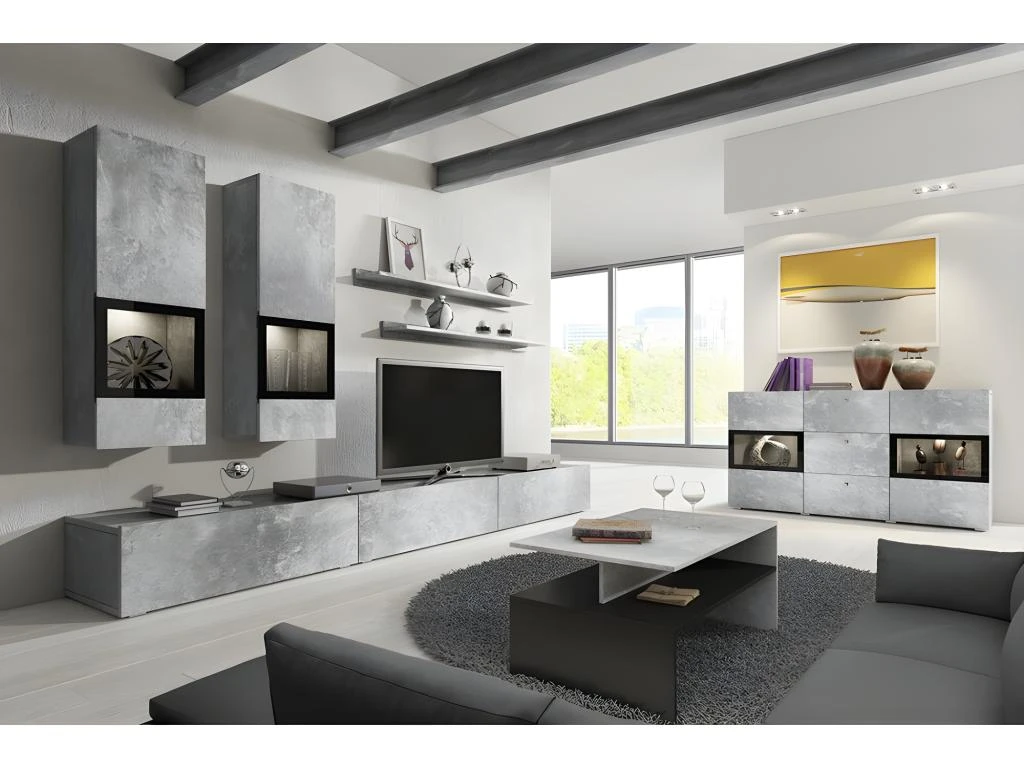 Ensemble De 7 Meubles De Salon Collection RAMOS. Couleur Gris Effet Béton Et Noir. 3 Ensemble De 7 Meubles De Salon Collection RAMOS. Couleur Gris Effet Béton Et Noir.