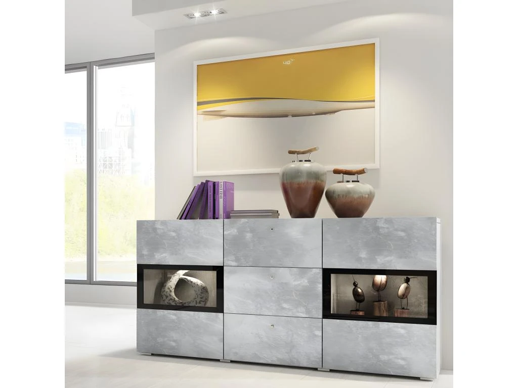 Ensemble De 7 Meubles De Salon Collection RAMOS. Couleur Gris Effet Béton Et Noir. 4 Ensemble De 7 Meubles De Salon Collection RAMOS. Couleur Gris Effet Béton Et Noir. – Image 2