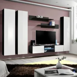 Ensemble Meuble TV FLY P1 Avec LED. Coloris Noir Et Blanc. Meubles Suspendus Design Pour Votre Salon.