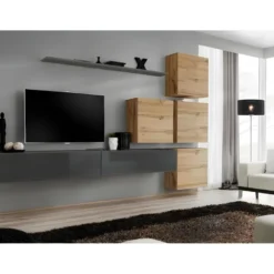 Ensemble Meuble Salon Mural SWITCH IX Design, Coloris Gris Brillant Et Chêne Wotan.