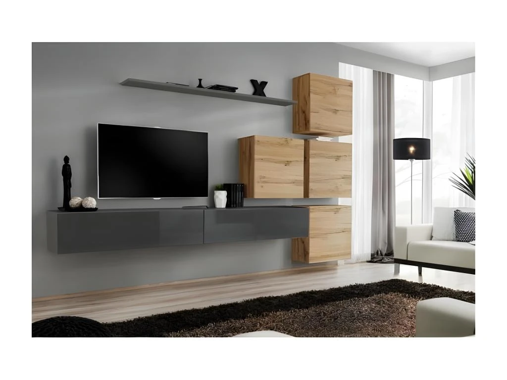 Ensemble Meuble Salon Mural SWITCH IX Design, Coloris Gris Brillant Et Chêne Wotan. 3 Ensemble Meuble Salon Mural SWITCH IX Design, Coloris Gris Brillant Et Chêne Wotan.