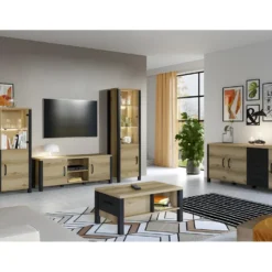 Ensemble De 5 Meubles De Salon Collection DARWIN. Couleur ChĂȘne Clair Et Noir.