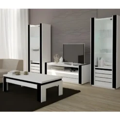 Ensemble Meuble De Salon LINA Blanc Et Noir Laqué.