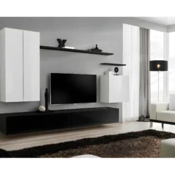Ensemble Meuble Salon Collection SWITCH II Design, Coloris Blanc Et Noir Brillant.