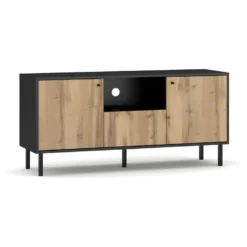 Meuble TV Industriel SPEBO, 140 Cm, 2 Portes Et 1 Tiroir, Coloris Noir Mat Et Chêne Wotan.