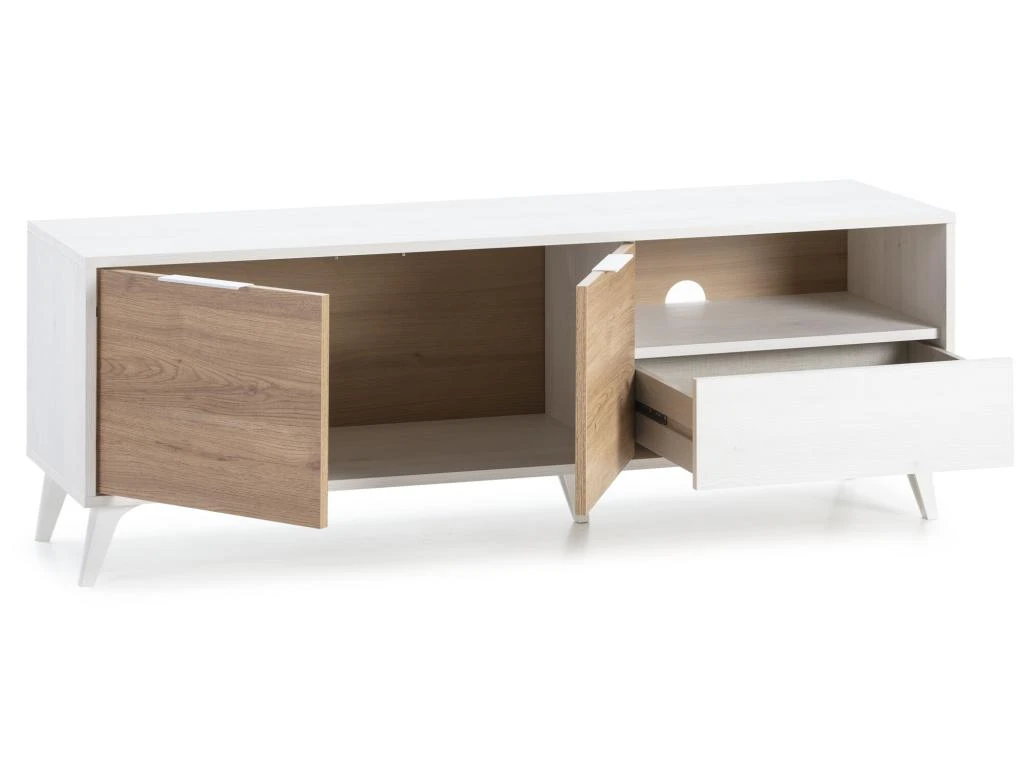 Meuble TV Koln 2 Portes Et 1 Tiroir,Couleur Blanc Brossée Et Bois 136,5 Cm (Largeur) 4 Meuble TV Koln 2 Portes Et 1 Tiroir,Couleur Blanc Brossée Et Bois 136,5 Cm (Largeur) – Image 2