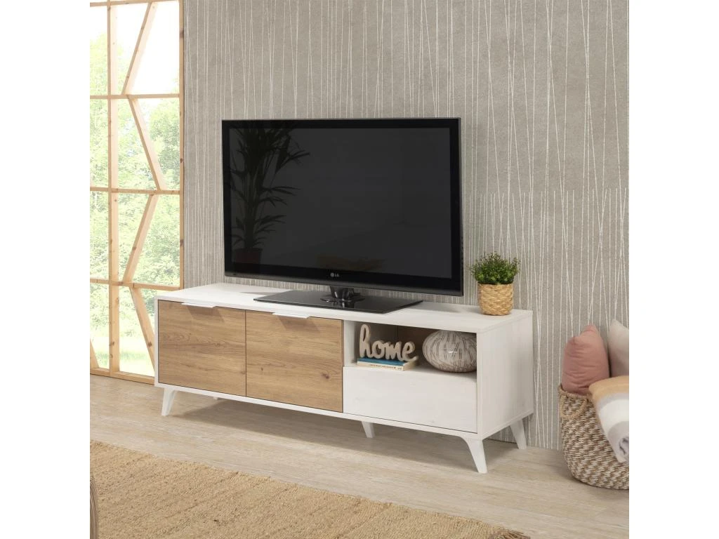 Meuble TV Koln 2 Portes Et 1 Tiroir,Couleur Blanc Brossée Et Bois 136,5 Cm (Largeur) 6 Meuble TV Koln 2 Portes Et 1 Tiroir,Couleur Blanc Brossée Et Bois 136,5 Cm (Largeur) – Image 4