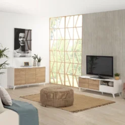 Meuble TV Koln 2 Portes Et 1 Tiroir,Couleur Blanc Brossée Et Bois 136,5 Cm (Largeur) 11 Meuble TV Koln 2 Portes Et 1 Tiroir,Couleur Blanc Brossée Et Bois 136,5 Cm (Largeur) -Pas Cher Mobiliora Magasin meuble tv 9174605
