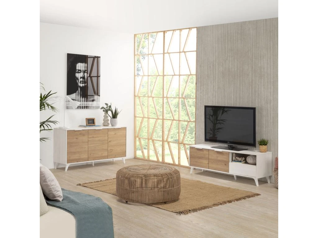 Meuble TV Koln 2 Portes Et 1 Tiroir,Couleur Blanc Brossée Et Bois 136,5 Cm (Largeur) 7 Meuble TV Koln 2 Portes Et 1 Tiroir,Couleur Blanc Brossée Et Bois 136,5 Cm (Largeur) – Image 5