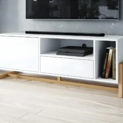 Meuble TV 2 Portes 2 Niches Oslo Blanc - Blanc -Pas Cher Mobiliora Magasin meuble tv 9238459