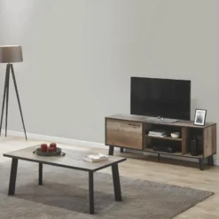 KARMINA - Meuble TV 1 Porte 3 Niches Aspect Bois Et Métal