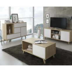 Meuble TV 140 Avec 2 Portes, WIND, Structure Puccini, Portes Blanches,140x40x57cm -Pas Cher Mobiliora Magasin meuble tv 9492743