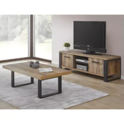 KORA - Meuble TV 2 Portes Aspect Bois Et Métal Poudré Noir