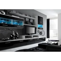 Ensemble De Meubles De Salon,TV, Ilumin.LED, Blanc Mate/Noir Laque, 250x194x42cm