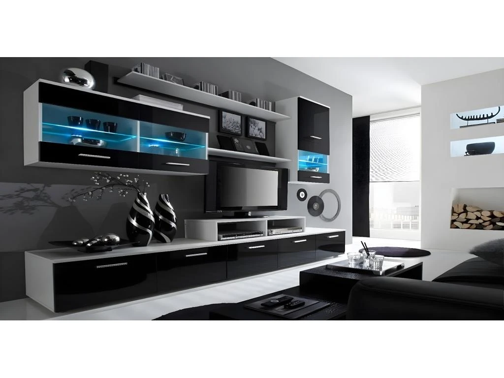 Ensemble De Meubles De Salon,TV, Ilumin.LED, Blanc Mate/Noir Laque, 250x194x42cm 3 Ensemble De Meubles De Salon,TV, Ilumin.LED, Blanc Mate/Noir Laque, 250x194x42cm