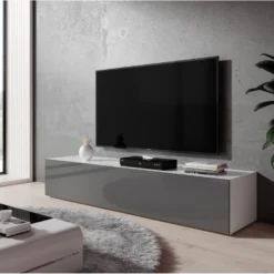 FURNIX Meuble Tv Debout / Suspendu Zibo 160 Cm Blanc Mat / Gris Brillant Style Moderne Avec Compartiments Fermés