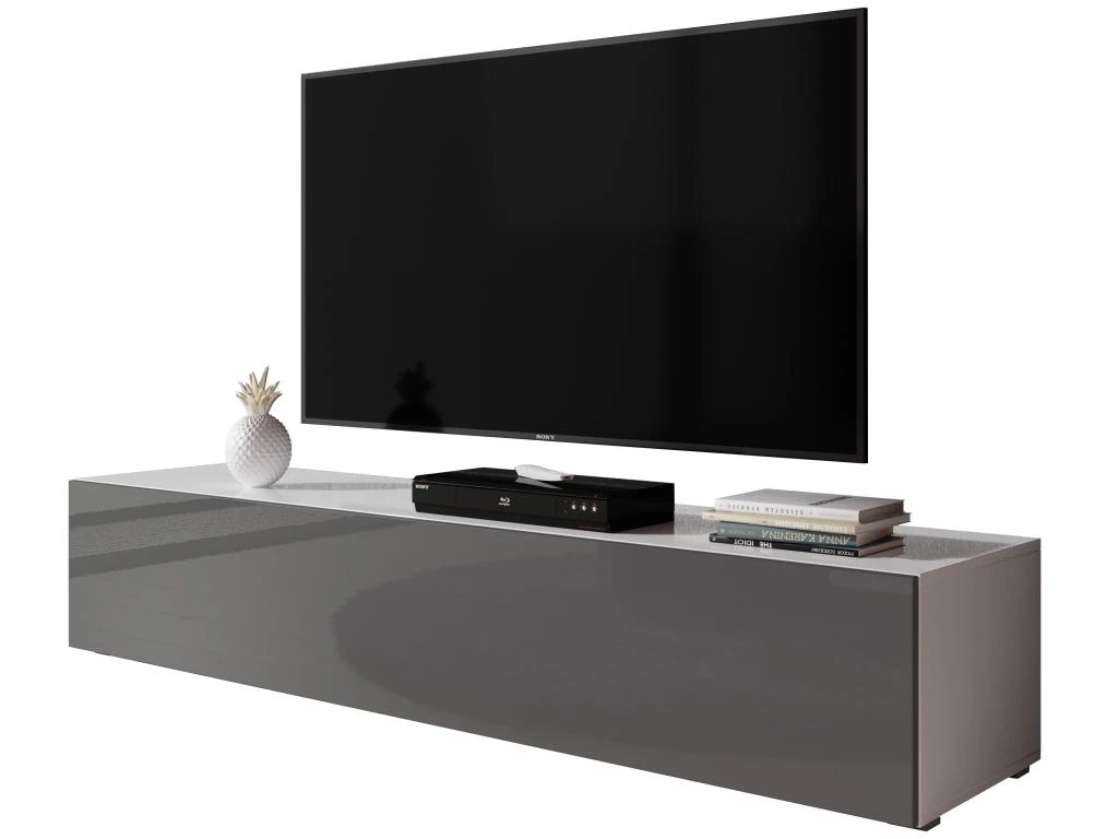 FURNIX Meuble Tv Debout / Suspendu Zibo 160 Cm Blanc Mat / Gris Brillant Style Moderne Avec Compartiments Fermés 4 FURNIX Meuble Tv Debout / Suspendu Zibo 160 Cm Blanc Mat / Gris Brillant Style Moderne Avec Compartiments Fermés – Image 2