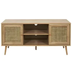 MAYA - Meuble TV 2 Portes Effet Bois Et Façades Rotin
