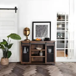 Meuble TV Droit En Bois Noyer Massif Avec 7 Niches Et 2 Portes NEWBARN -Pas Cher Mobiliora Magasin meuble tv 9494901