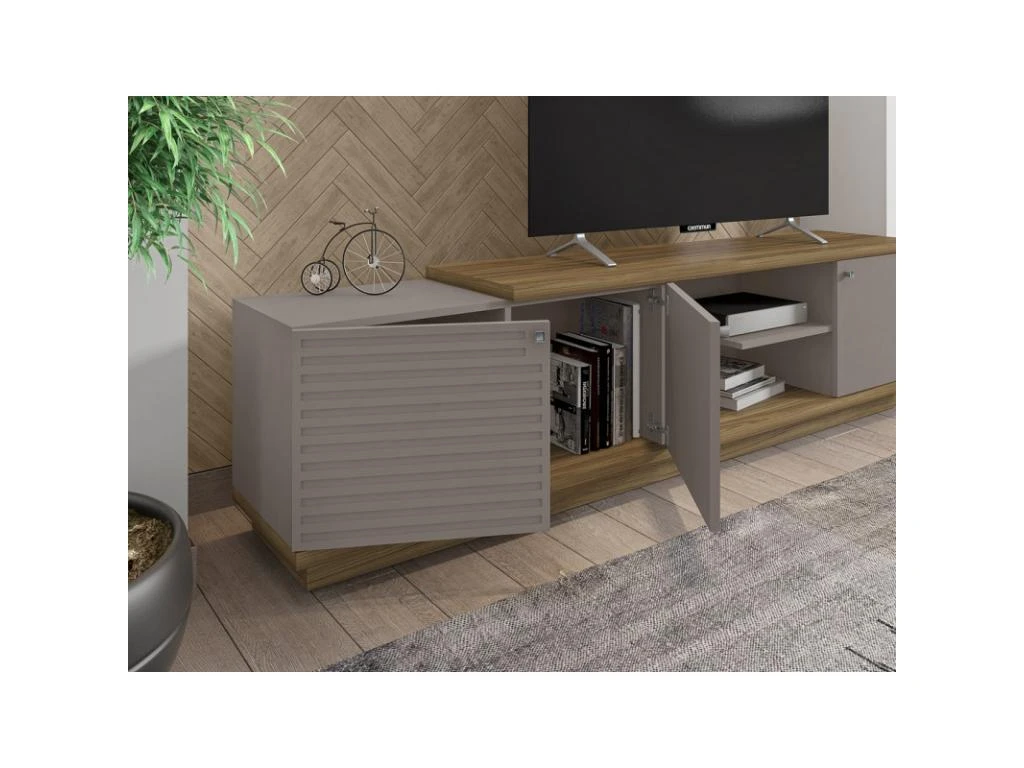 Meuble TV 75 Pouces 3 Portes Chêne Et Taupe 4 Meuble TV 75 Pouces 3 Portes Chêne Et Taupe – Image 2