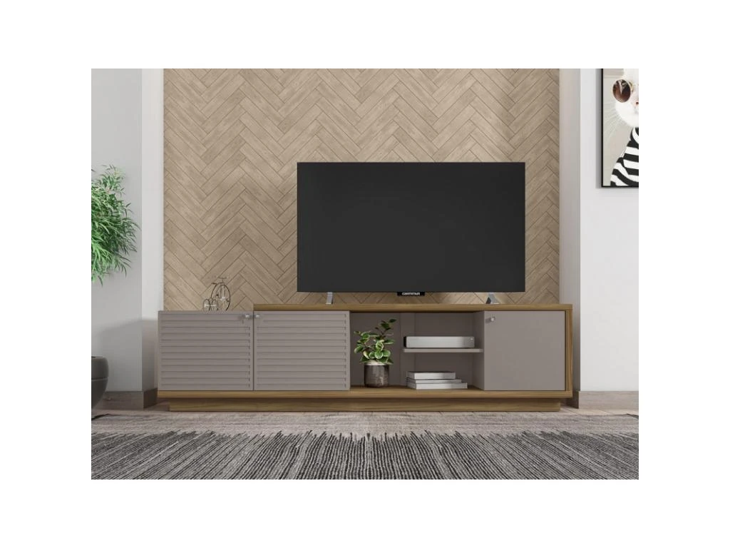 Meuble TV 75 Pouces 3 Portes Chêne Et Taupe 5 Meuble TV 75 Pouces 3 Portes Chêne Et Taupe – Image 3