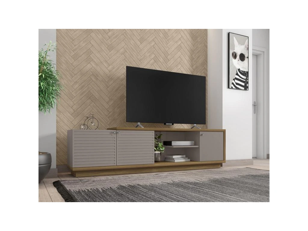 Meuble TV 75 Pouces 3 Portes Chêne Et Taupe 6 Meuble TV 75 Pouces 3 Portes Chêne Et Taupe – Image 4