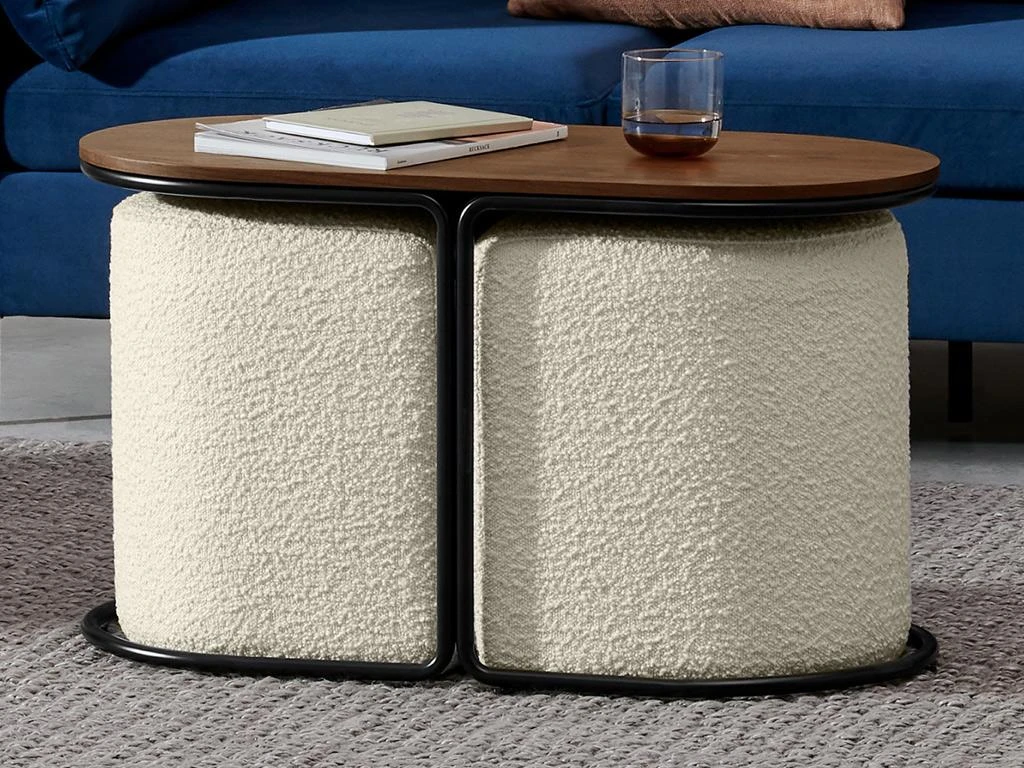 Table Basse + 2 Poufs En Tissu Bouclette - Naturel Et Blanc - ADAR 4 Table Basse + 2 Poufs En Tissu Bouclette - Naturel Et Blanc - ADAR â Image 2